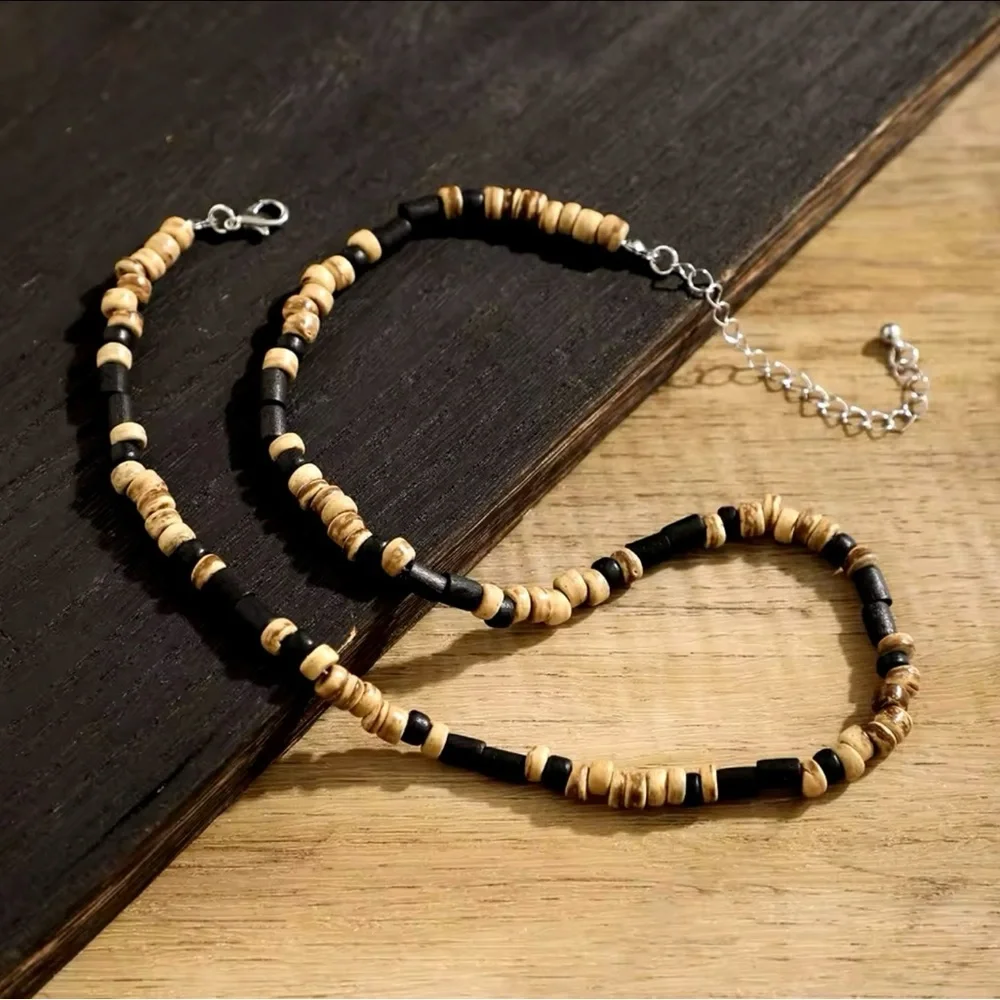 Brown and Black Small Beaded Chain Necklace Men Trendy Wood Beads